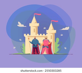 Rey y reina tomados de la mano frente al castillo. Familia real de la historieta, Ilustración vectorial plana del palacio antiguo. Monarquía, cuento de hadas, concepto de Edades medias para Anuncio, diseño de Sitio web o página de Web de aterrizaje