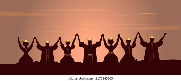 König und Königin Holding überreichte Hände glücklich Erfolgreiches Fest Team Silhouettes, Prinz und Prinzessin Silhouette