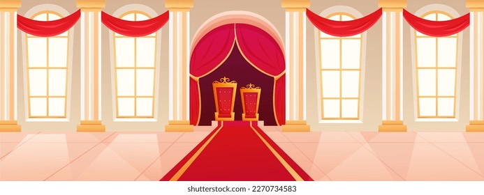 King and queen indoor palace interior. Royal thrones into ballroom. Carpet in hall. Medieval museum. Gold castle. Window and red curtains. Imperial armchairs. Vector cartoon background