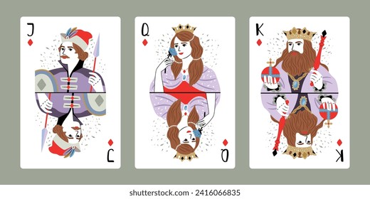 King, Queen, Jack of Diamonds deck set of gambling illustration for game in casino, design play vector playing gamble collection graphic