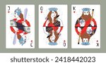 King, Queen, Jack of Hearts. Playing card set of gambling red symbol on playing card for poker and blackjack, vector illustration