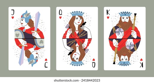 Rey, Reina, Jack de Corazones. Juego de cartas de juego del símbolo rojo de juego en la carta de juego para el póker y el blackjack, ilustración vectorial