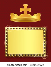 King or queen jewelry, gold frame and royal crown vector. Blank framework, shiny borderline and monarchy symbol, golden headdress and empty signboard