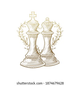 King and queen, luxury gold engraving chess pieces  with floral decoration