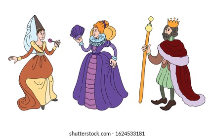 King, Queen And Maid Of Honor In Costumes Vector Illustration