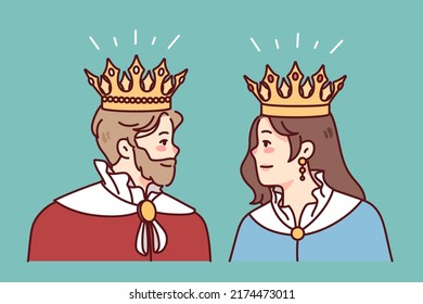 King and queen in mantles and crowns look at each other. Members of royal family in robes. Royalty and monarchy. Vector illustration. 