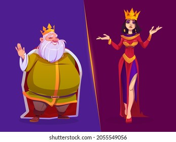 King And Queen Medieval Royal Family Characters. Monarchy Husband And Wife In Gold Crowns And Luxury Dressing, Fairytale Kingdom Personages, Game Or History Book Persons, Cartoon Vector Illustration