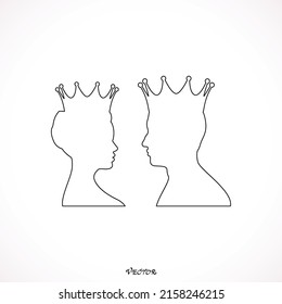 King and  Queen one line Illustration, man and woman in the crown, continuous line drawing, tattoo, print shirt and logo design, silhouette single line on a white background, isolated vector