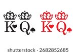 King and Queen playing card symbols graphic. Vector illustration of king and queen letters with crown and heart icons, representing playing cards, love, royalty, and game design.