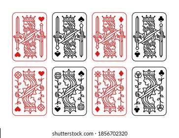 King And Queen Playing Card Vector Illustration Set Of Hearts, Spade, Diamond And Club In Red And Black Color.