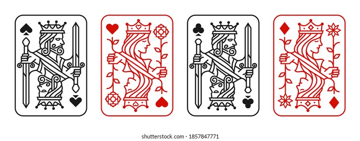 King and queen playing card vector illustration set of hearts, Spade, Diamond and Club, Royal cards design collection