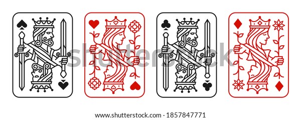 King and\
queen playing card vector illustration set of hearts, Spade,\
Diamond and Club, Royal cards design\
collection