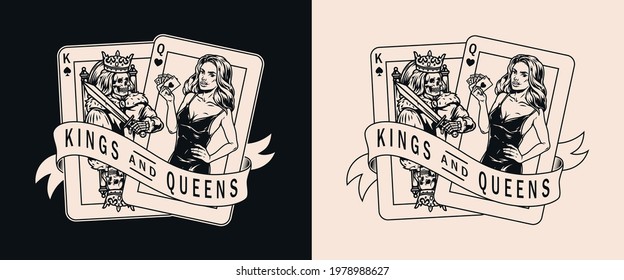 King and queen playing cards label with skeleton in crown holding sword and attractive lady in dress with royal flush poker hand isolated vector illustration