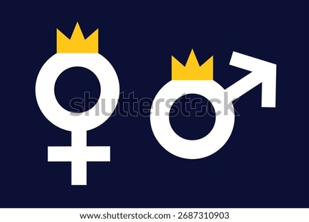 King and Queen or Princ and Princess - gender and sex symbol with yellow crown. Monarchy and government by monarch. Vector illustration.