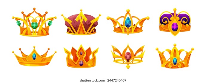 King or queen, prince or princess crowns and diadems made of gold and precious stones and gems. Vector isolated set of medieval jewelry, symbol of monarchy and power, authority and nobility