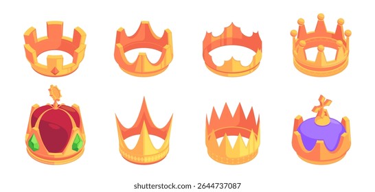 Coroas de rei ou rainha, príncipe ou princesa e diademas feitos de ouro e pedras preciosas e gemas. Conjunto isolado de joias medievais, símbolo da monarquia e poder, autoridade e nobreza