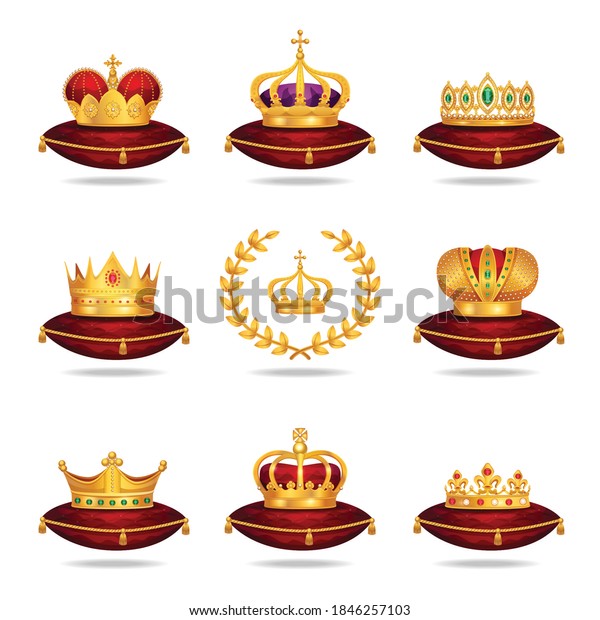 ベルベットの絹クッション枕に王妃の赤い金の王冠ティアラ 王の王様のリアルなセットベクターイラスト のベクター画像素材 ロイヤリティフリー