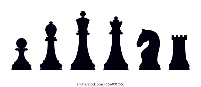 King, Queen, rook, knight, Bishop, pawn. Vector chess isolated on white background. Silhouettes of chess pieces. Chess icons. Black and white. Chessboard. Playing chess on the Board