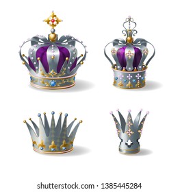 King, queen silver, golden or platinum crown decorated with gems and pearls, violet silk, velvet realistic vector set isolated on white background. Medieval monarch headwear, power symbol illustration