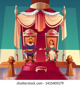 King and queen sitting on thrones in palace. Medieval royal family, monarchy husband and wife in gold crowns and luxury dressing, fairytale kingdom and history characters. Cartoon vector illustration