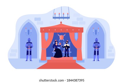 El rey y la reina sentados en tronos en la ilustración portadora plana del palacio. Caricatura del interior del castillo medieval con caballeros. Concepto de monarquía y liderazgo