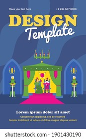 King and queen sitting on thrones in palace flat vector illustration. Cartoon medieval castle interior with knights. Monarchy and leadership concept