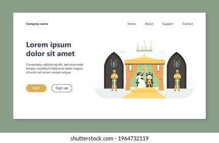 King and queen sitting on thrones in palace flat vector illustration. Cartoon medieval castle interior with knights. Monarchy and leadership concept