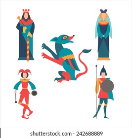 King, queen, soldier, jester and the dragon. vector illustration