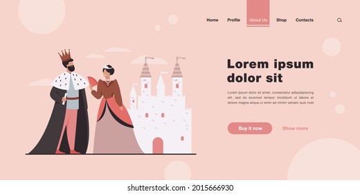 King and queen standing in front of castle flat vector illustration. Cartoon monarchs as symbol of royal leadership. Government authority, monarchy and aristocracy hierarchy concept