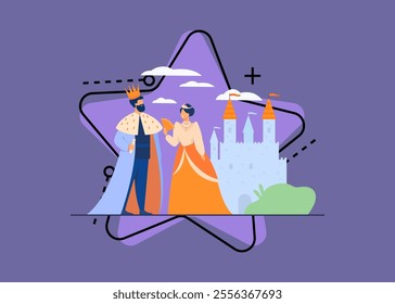 King and queen standing in front of castle flat vector illustration. Cartoon monarchs as symbol of royal leadership. Government authority, monarchy and aristocracy hierarchy concept