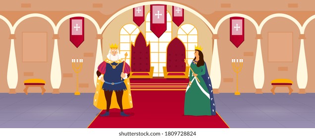 King And Queen Standing On A Red Carpet In Front Of Their Thrones In The Court Room In A Palace, Colored Vector Illustration