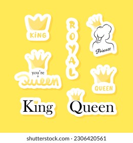 King and queen sticker set. Cute vector notebook label clip art. Royal quotes.