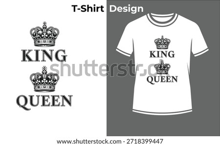 King queen typography t-shirt vector illustration, royal text design with crowns for couple shirts, monarchy, and leadership relationship.