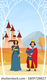 King and Queen under a tree arbor forming an arch above their heads with castle background, colored vector illustration