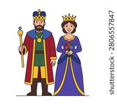 King and queen wearing crowns and royal robes on white background. Cartoon characters of a royal king with a scepter and a queen with flowers. Bold outlines and bright colors. Ideal for children