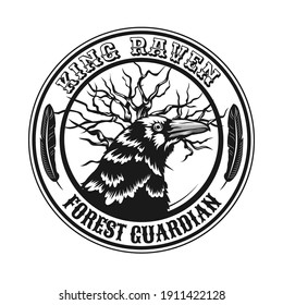 King raven emblem design. Monochrome element with wild crow head and leafless tree vector illustration with text. Horror concept for stamps and labels templates