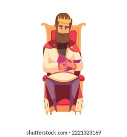 King reading book on throne flat cartoon vector illustration