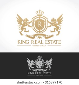 King Real Estate Logo, Luxury ornament crest design with lion and crown for Real estate company