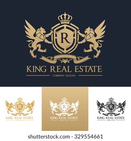 King Real Estate, Luxury Crest Logo Template with lion and crown gold color 