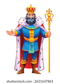 King in regal attire with a crown, holding a scepter, spreading his arms in a gesture of leadership. Vector cartoon character illustration