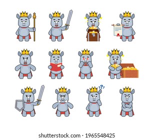 King rhino mascots in various situations set. Rhino king with sword, treasure chest, scroll, book, angry, think and show other actions. Modern vector illustration
