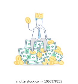 King, rich Boss, Chef, Master, Leader, Authority, Success. Cute fun cartoon character with crown fantasizes and sitting on the big pile of money and gold. Flat outline vector illustration.