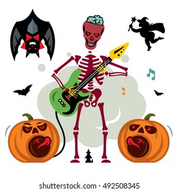 King of Rock. Skeleton guitar player. Vector Cartoon Illustration.