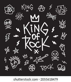 King of Rock vector doodle style icons vector set. Rock'n'Roll music hand lettering style. Fashion print or poster isolated vector. Rock n Roll culture cartoon elements print stamp t-shirt