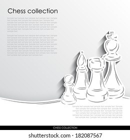 King, rook, bishop and pawn abstract silhouette on white paper background. Chess vector collection.