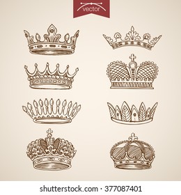 King royal crown icon set. Engraving style pen pencil crosshatch hatching paper painting retro vintage vector lineart illustration.
