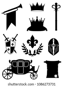 king royal golden attributes of medieval power black outline silhouette vector illustration isolated on white background