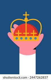 King Royal golden crown on blue background. Flat vector illustration.