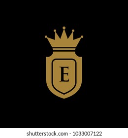 king royal,crown, e letter logo gold black,luxury brand,hotel,fashion, shield logo, icon, design vector logo template