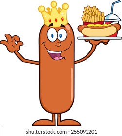 King Sausage Cartoon Character Carrying A Hot Dog, French Fries And Cola.Vector Illustration Isolated On White